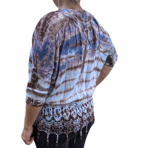 Women's Bohemian Tie-Dye Blouse with Lace Mind Set by XCVI Small - Picture 1 of 13